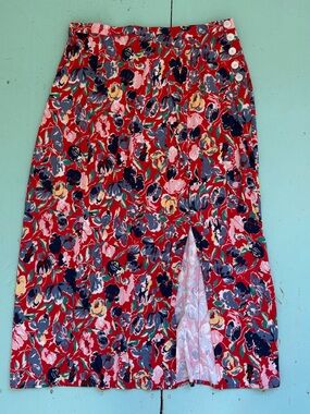 Rouje Red Floral Midi Skirt with Button Side Placket NWT 36